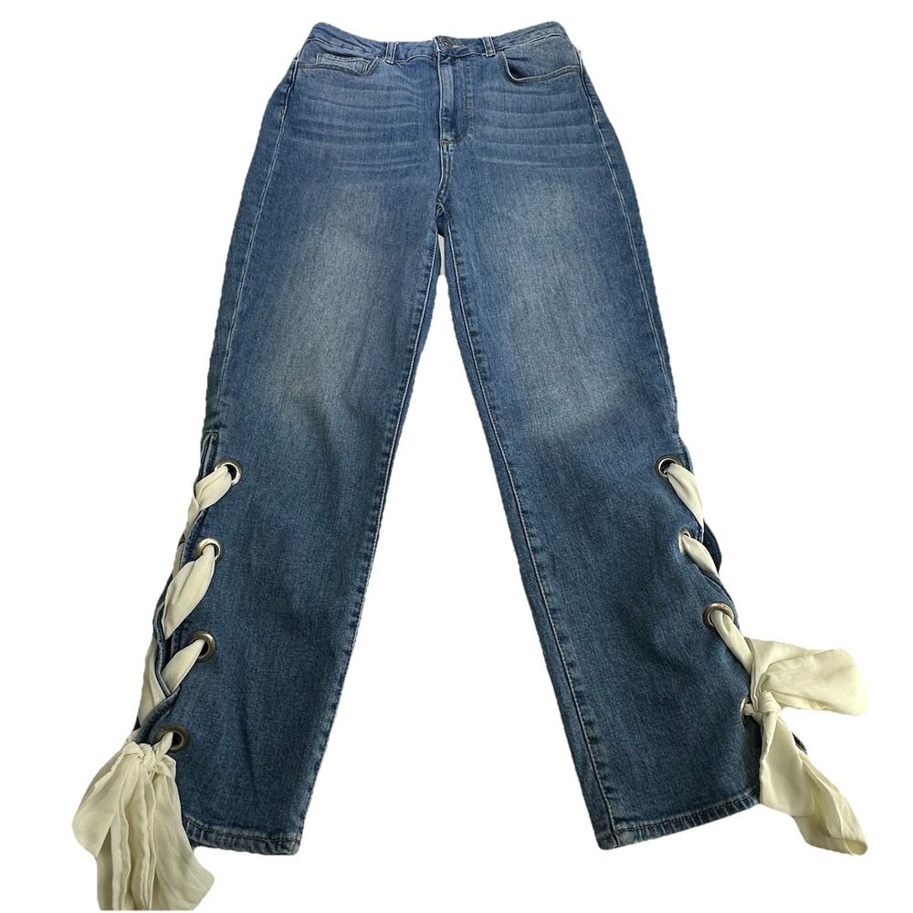 Paige Womens High Rise Sarah Straight Pant Meridian Ribbon Jeans Size 28